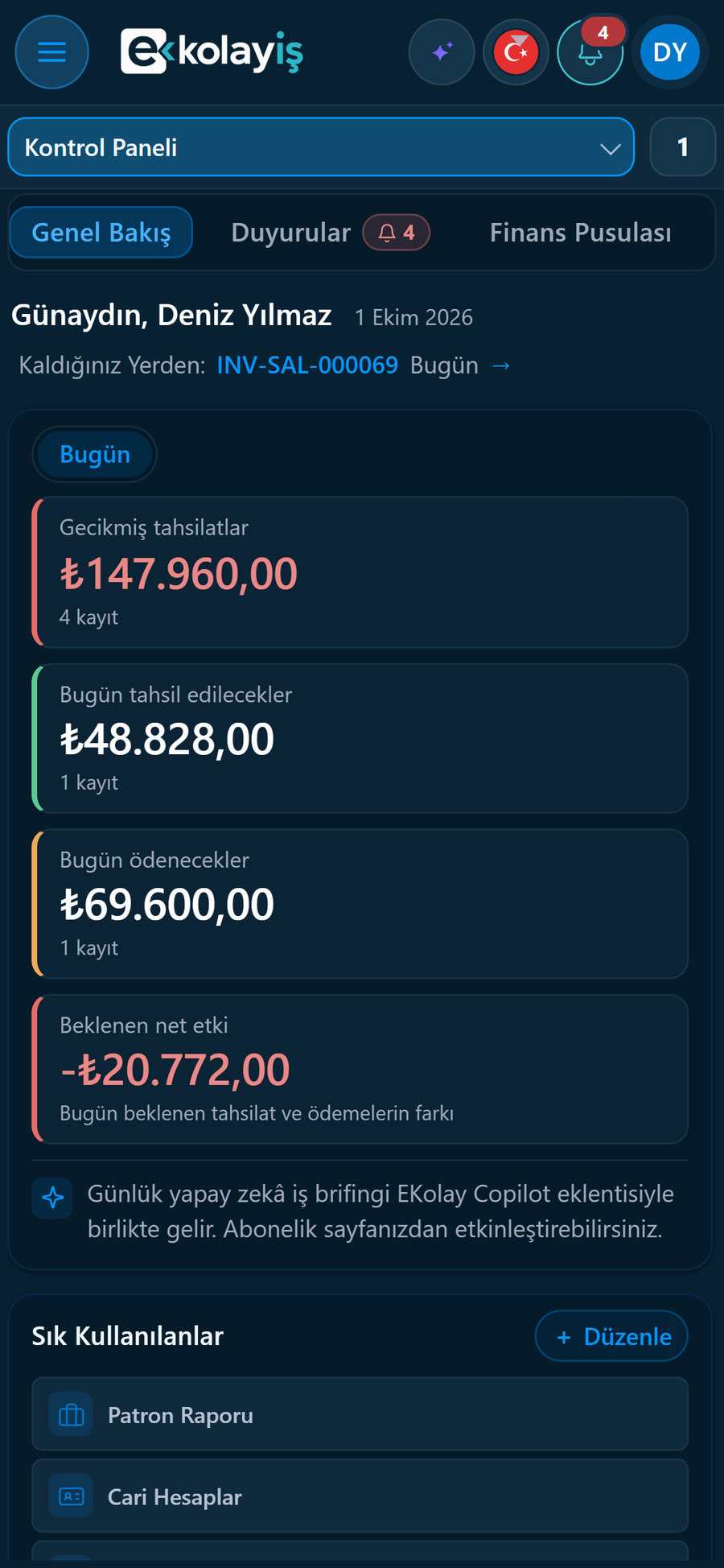 Telefonda Kontrol Paneli: Bugün kartı